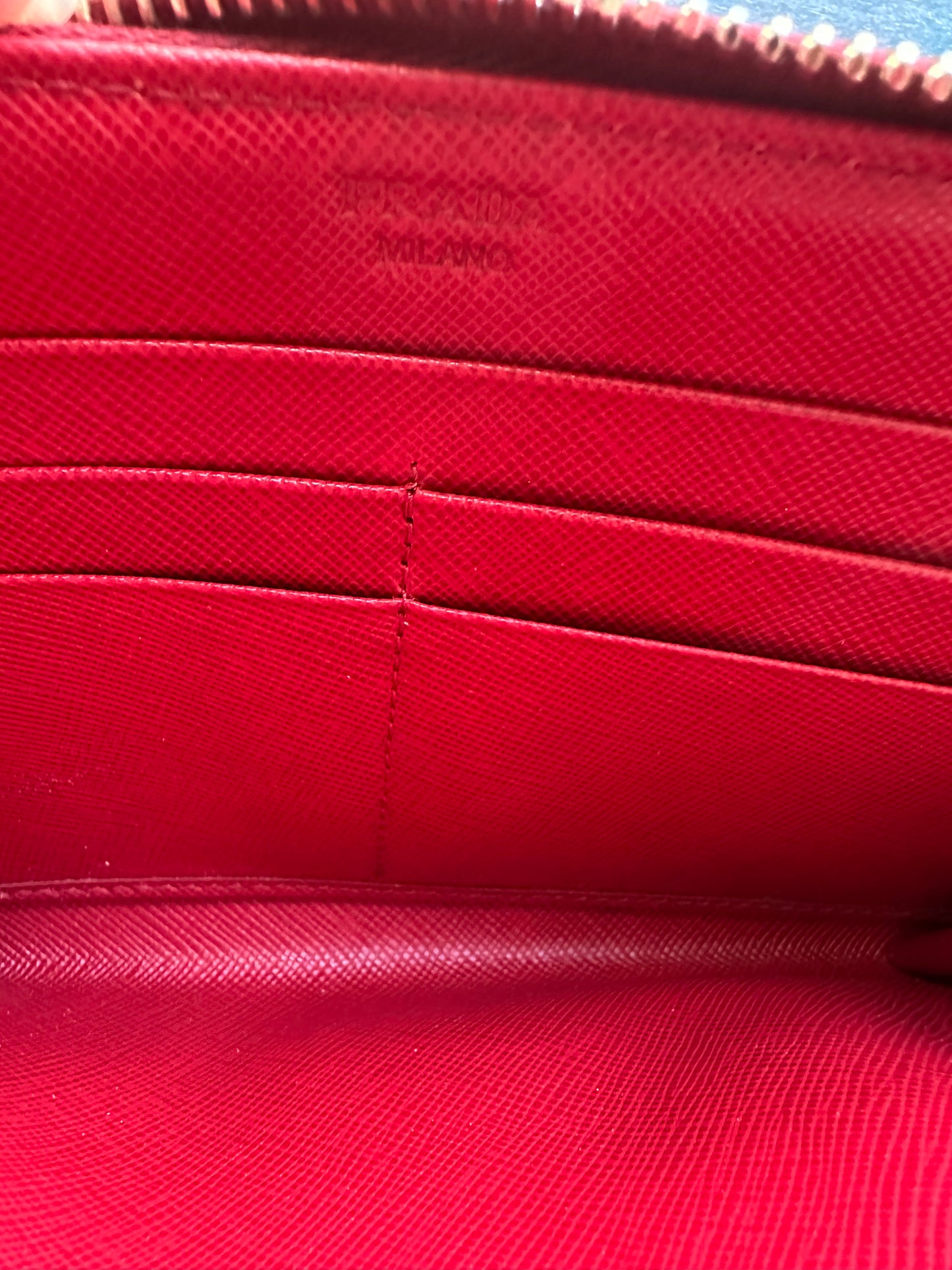 Pre Loved Prada Large Saffiano Fiery Red Leather Zippy Leather Wallet