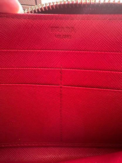 Pre Loved Prada Large Saffiano Fiery Red Leather Zippy Leather Wallet