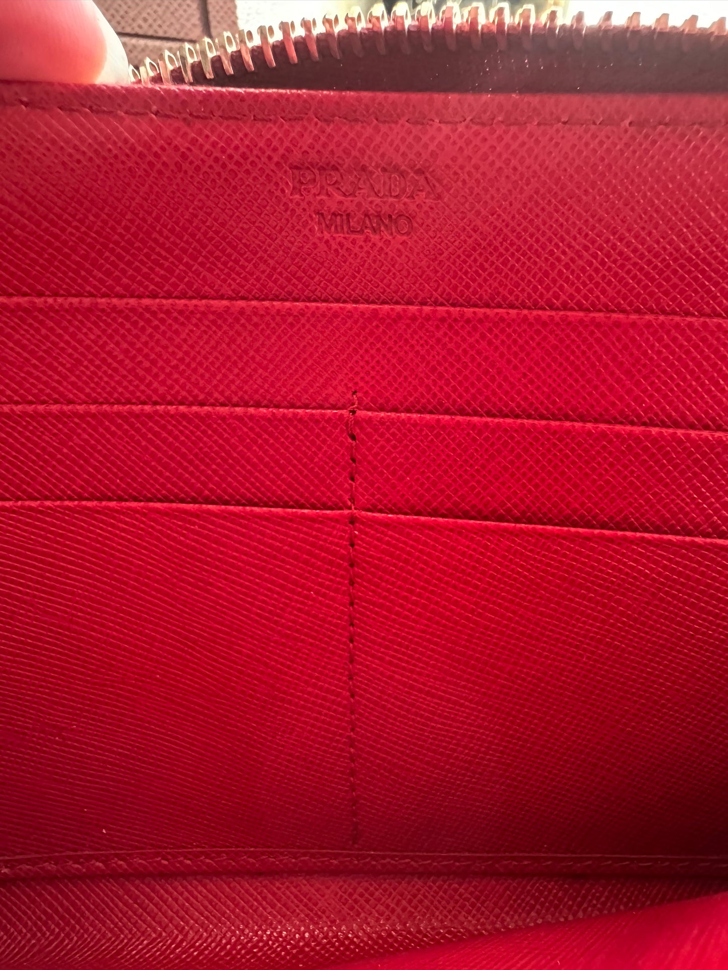 Pre Loved Prada Large Saffiano Fiery Red Leather Zippy Leather Wallet